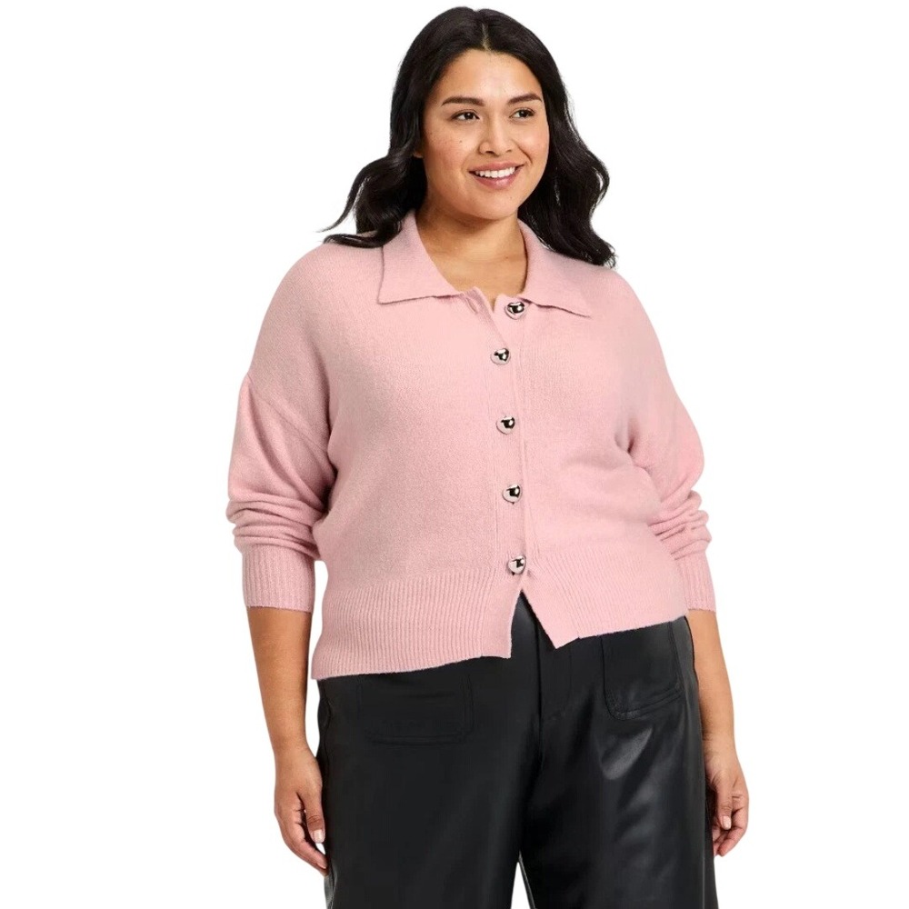 A New Day Women's Pink Heart Button Collared Cardigan Sweater Size XXL
